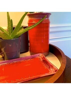 Handmade Made in France 3 Piece Orange Red Purple Pink Ceramic Vase Tray Blanket